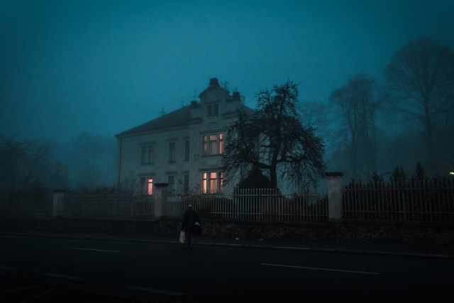 Dark and scary looking mansion. Misty dusk. Creepy looking tree in front of the building. The hilarious truth about our fears.