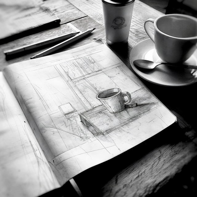 Black and white photo. Sketchbook with pencil drawing of cup on desk. Planning something out.