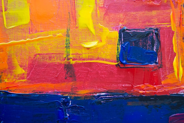 Abstract painting. Solid, dark and bright colours. Blue, yellow, red, orange.