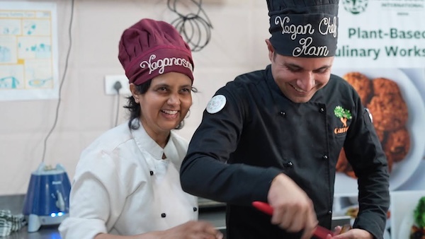 Chef Susmitha and Chef Ram teaching a vegan cooking workshop. Both understand the power of pivoting through their careers.