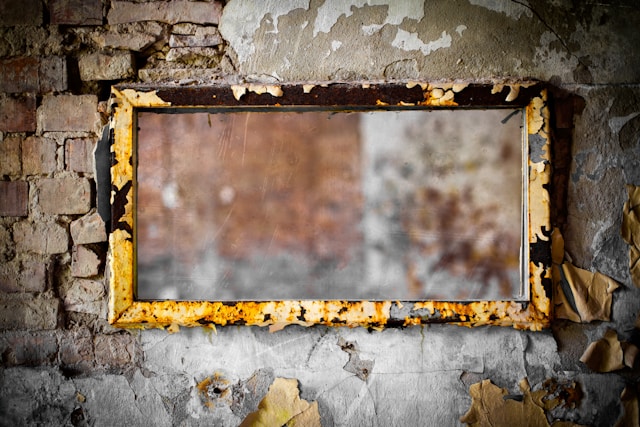 Artistic photo of mirror on old wall. Pretty grunge. Be yourself. Don't imitate others.